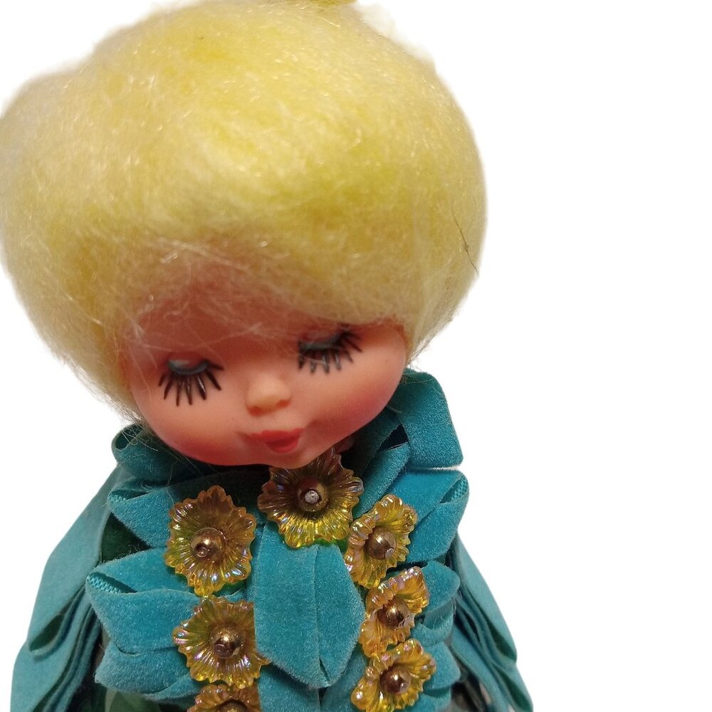 Vintage Handmade Blonde Doll in Green Sequin Dress Blue Felt Trim 60s DIY Kit - Picture 2 of 11